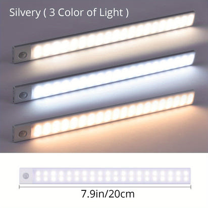 1pc KATHYLIGHT LED Motion Sensor Cabinet Light, Brushed Metal Strip Sconce with Voice Control, Wireless Magnetic USB Rechargeable, Auto-shut-off, Detachable Fixture, Plastic Shade, for Wardrobe, Closet, Kitchen, Stairs, Corri