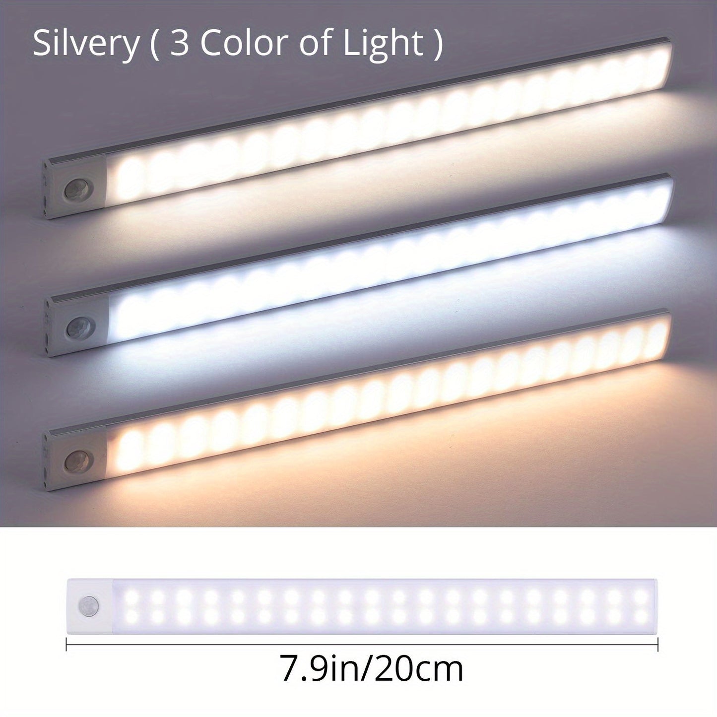 1pc KATHYLIGHT LED Motion Sensor Cabinet Light, Brushed Metal Strip Sconce with Voice Control, Wireless Magnetic USB Rechargeable, Auto-shut-off, Detachable Fixture, Plastic Shade, for Wardrobe, Closet, Kitchen, Stairs, Corri