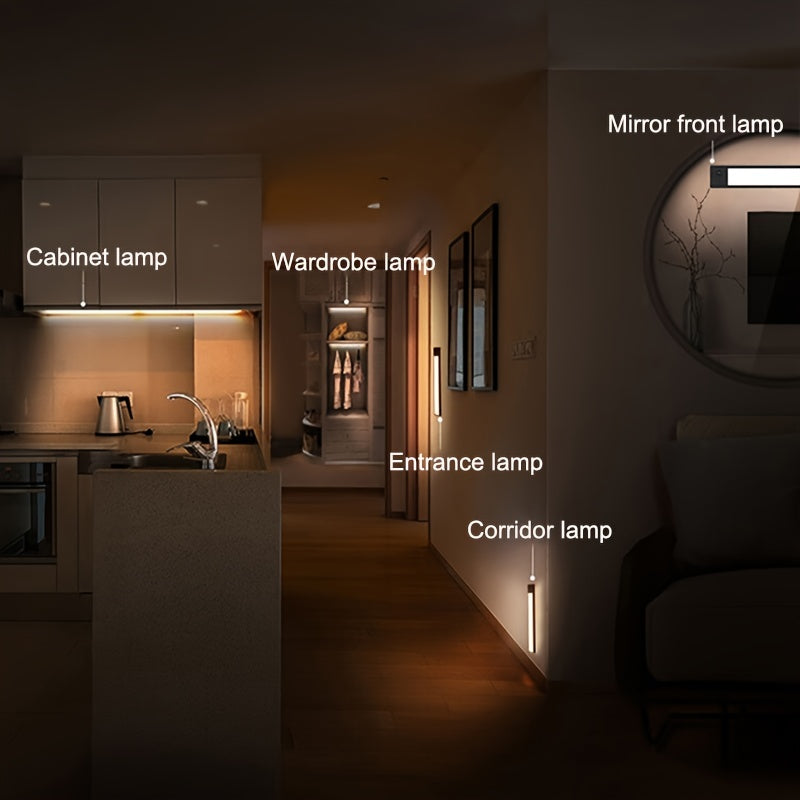 1pc KATHYLIGHT LED Motion Sensor Cabinet Light, Brushed Metal Strip Sconce with Voice Control, Wireless Magnetic USB Rechargeable, Auto-shut-off, Detachable Fixture, Plastic Shade, for Wardrobe, Closet, Kitchen, Stairs, Corri