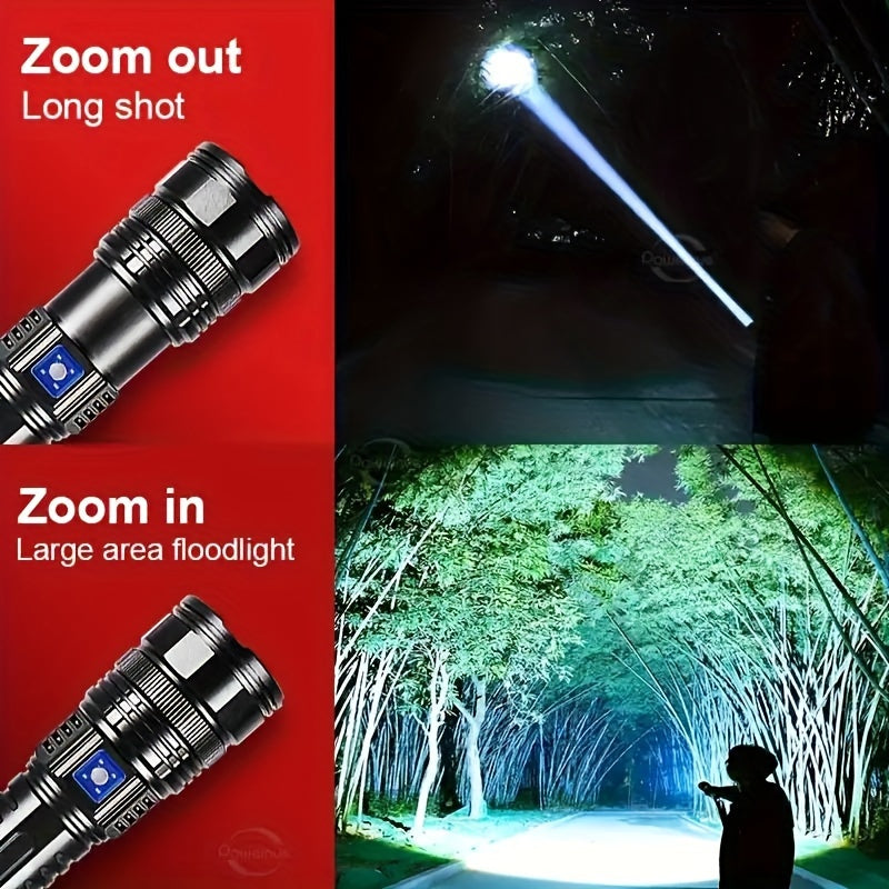 1pc Ultimate Rechargeable LED Flashlight - 5 Lighting Modes, Waterproof, Long-Lasting Power - Durable Brightness for Emergencies, Camping, Hunting, Outdoor Adventures - Portable & Rugged Grip