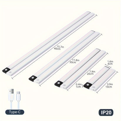 1pc KATHYLIGHT LED Motion Sensor Cabinet Light, Brushed Metal Strip Sconce with Voice Control, Wireless Magnetic USB Rechargeable, Auto-shut-off, Detachable Fixture, Plastic Shade, for Wardrobe, Closet, Kitchen, Stairs, Corri