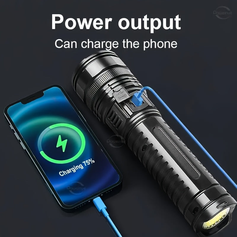 1pc Ultimate Rechargeable LED Flashlight - 5 Lighting Modes, Waterproof, Long-Lasting Power - Durable Brightness for Emergencies, Camping, Hunting, Outdoor Adventures - Portable & Rugged Grip