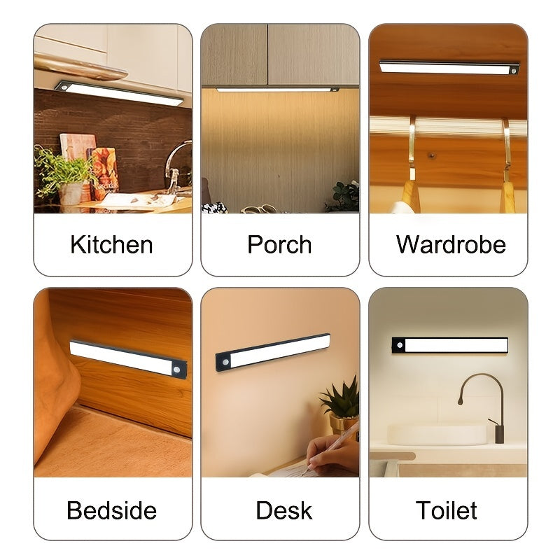 1pc KATHYLIGHT LED Motion Sensor Cabinet Light, Brushed Metal Strip Sconce with Voice Control, Wireless Magnetic USB Rechargeable, Auto-shut-off, Detachable Fixture, Plastic Shade, for Wardrobe, Closet, Kitchen, Stairs, Corri
