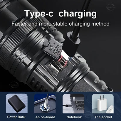 1pc Ultimate Rechargeable LED Flashlight - 5 Lighting Modes, Waterproof, Long-Lasting Power - Durable Brightness for Emergencies, Camping, Hunting, Outdoor Adventures - Portable & Rugged Grip