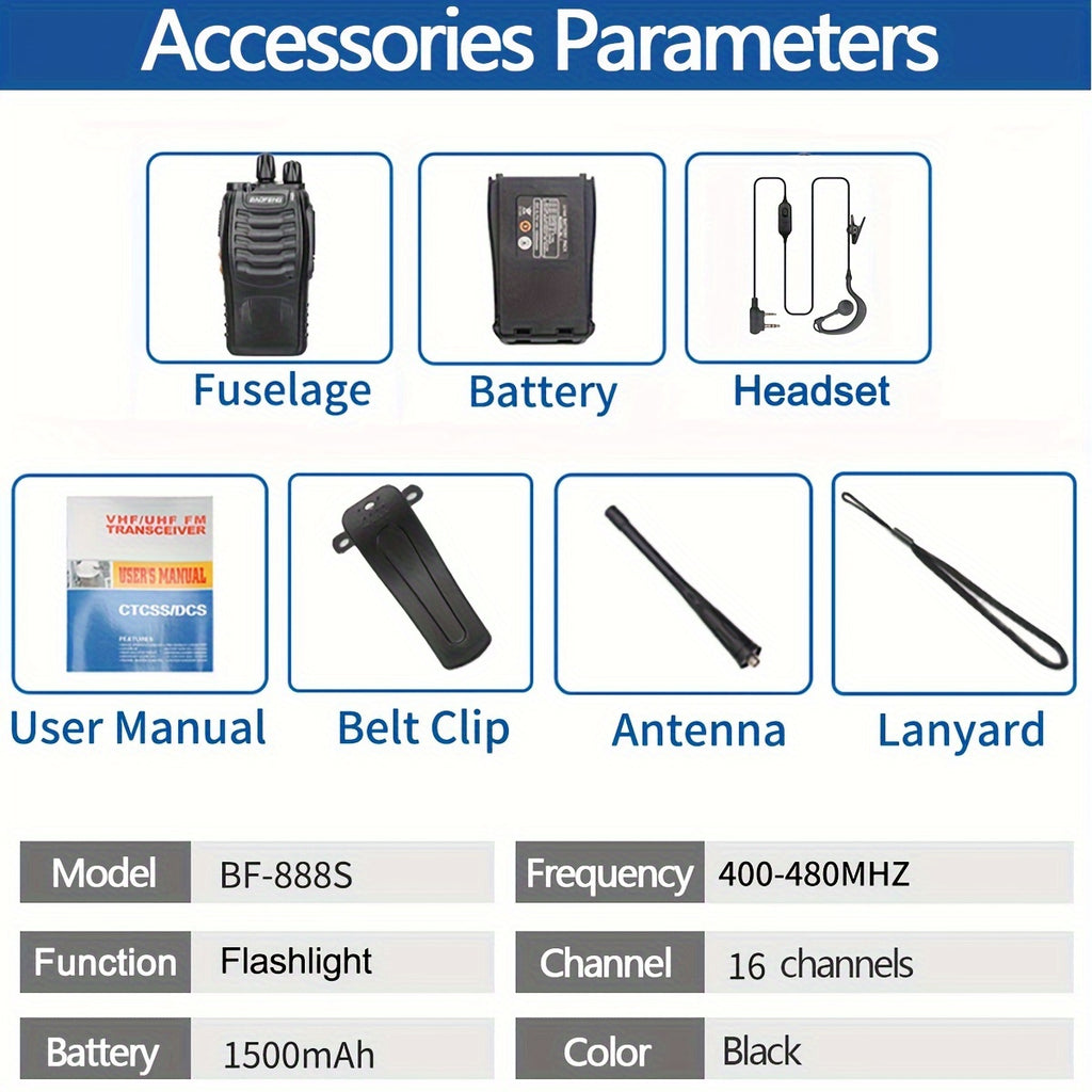 1/2/4/6/8pcs Walkie Talkie, Portable Walkie Talkies, 16 Channels Walky Talky, Rechargeable Handheld Two Way Radios, Long Range for Adults with Earpieces, Outdoor Equipment Supports Camping Hiking Hunting