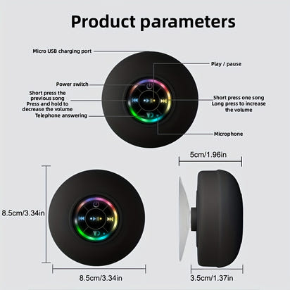 [Portable Wireless Speaker] Popular Choice] Portable Wireless Speaker with Suction Cup - USB Rechargeable, 2-Hour Playtime, Parties, Bathroom, Travel & Outdoor,RGB Lighting Bathroom Suction Cup Wireless Speaker, HD Sound Qual