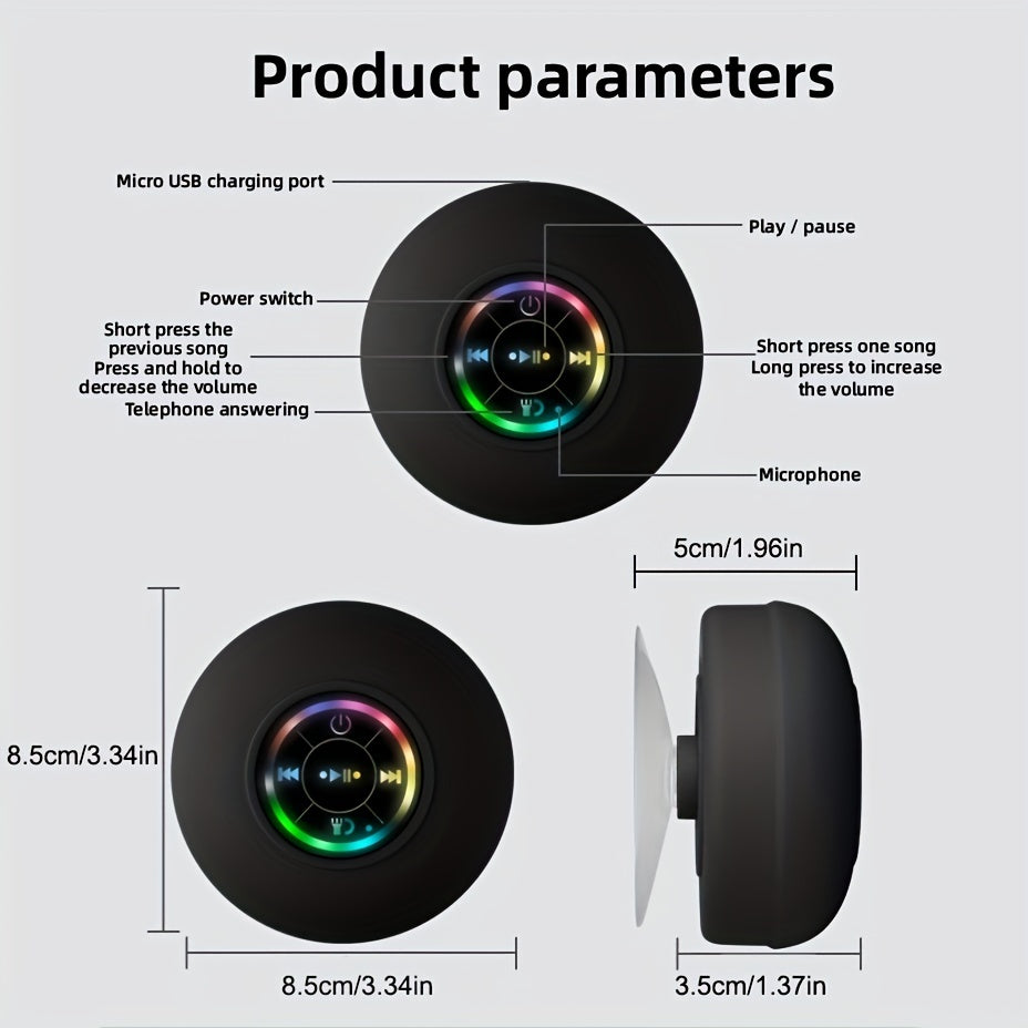 [Portable Wireless Speaker] Popular Choice] Portable Wireless Speaker with Suction Cup - USB Rechargeable, 2-Hour Playtime, Parties, Bathroom, Travel & Outdoor,RGB Lighting Bathroom Suction Cup Wireless Speaker, HD Sound Qual
