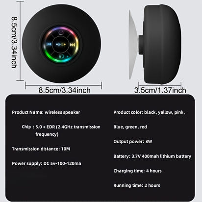 [Portable Wireless Speaker] Popular Choice] Portable Wireless Speaker with Suction Cup - USB Rechargeable, 2-Hour Playtime, Parties, Bathroom, Travel & Outdoor,RGB Lighting Bathroom Suction Cup Wireless Speaker, HD Sound Qual
