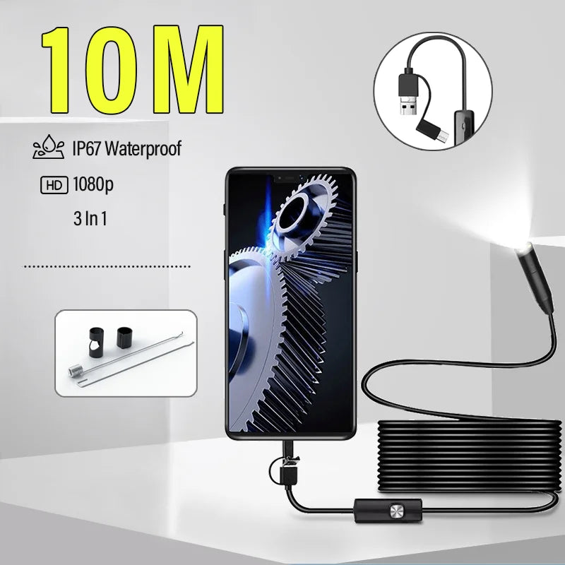 3 In 1 Automotive Boroscope Camera 1080p HD 8mm Soft Hard Wire Inspection Endoscope Camera Pipeline Car Engine Probe For Android