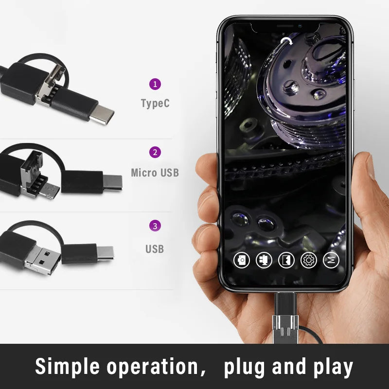 3 In 1 Automotive Boroscope Camera 1080p HD 8mm Soft Hard Wire Inspection Endoscope Camera Pipeline Car Engine Probe For Android