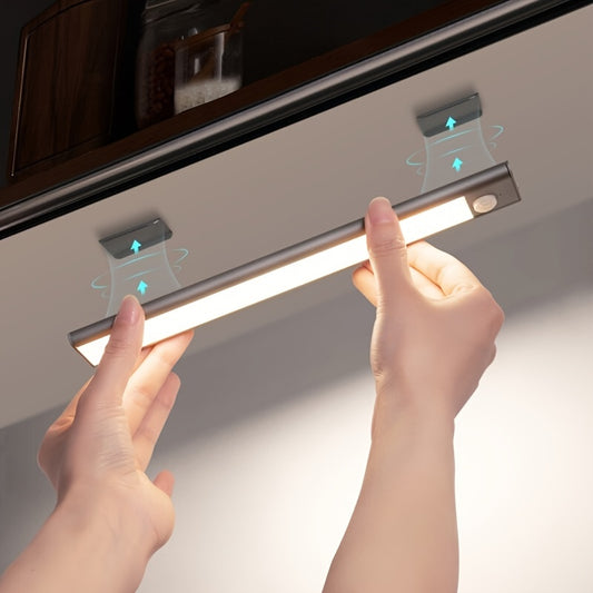 1pc KATHYLIGHT LED Motion Sensor Cabinet Light, Brushed Metal Strip Sconce with Voice Control, Wireless Magnetic USB Rechargeable, Auto-shut-off, Detachable Fixture, Plastic Shade, for Wardrobe, Closet, Kitchen, Stairs, Corri